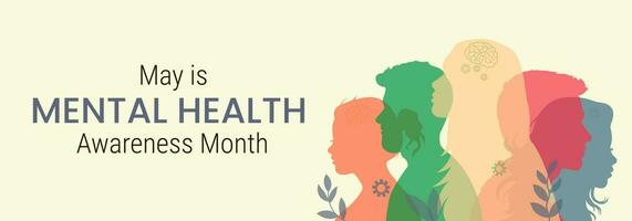 Banner for Mental Health Awareness Month in May. Multi-colored silhouettes of people on a light background vector