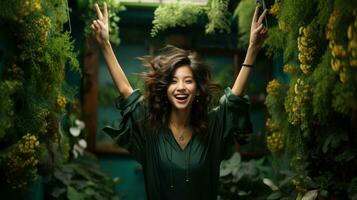 Portrait of a beautiful young asian woman smiling and having fun, hands up and show two fingers. photo