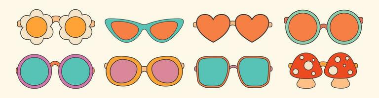 Funny groovy sunglasses set. Vintage collection. vector