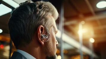 Close up of senior man wearing modern digital hearing aid in ear. photo