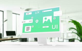 computadora monitor exhibiendo usuario interfaz módulos, iconos, y elementos sin problemas flotando ui diseño y desarrollo concepto foto