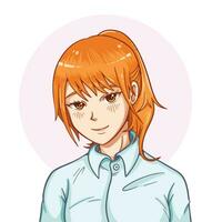 joven niña dibujo con naranja jengibre de colores pelo y marrón ojos vistiendo blanco camisa con sonriente expresión anime estilo vector ilustración, aislado en cuadrado blanco y rosado de colores antecedentes.