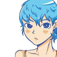 Cute young anime girl portrait face with blue hair vector drawing illustration outline only isolated on square white background. Simple flat anime japan art style drawing.