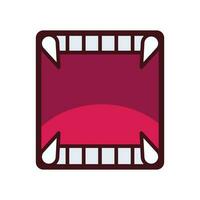 Colored open mouth frame with visible top and bottom teeth and four sharp fangs vector icon isolated on square white background. Simple flat cartoon art styled drawing.