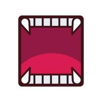 Colored open mouth frame with visible top and bottom teeth and four sharp fangs vector icon isolated on square white background. Simple flat cartoon art styled drawing.