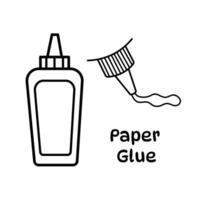 Paper glue bottle with close up pouring glue vector icon illustration outline isolated on square white background. Simple flat cartoon minimalist art styled drawing.