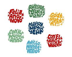 nuevo año maravilloso letras en diferente idiomas mano dibujado eslogan contento nuevo año en francés, Alemania, español, italiano, noruego, portugués. tipográfico plano pegatinas en oval forma. vector