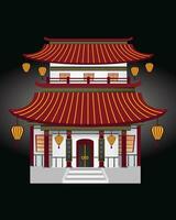 Chinese temple, traditional building on black background vector