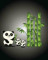 Vector illustration of mother panda with children feasting on bamboo in the forest, black background