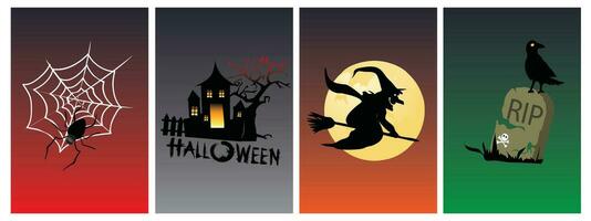 Happy Halloween vector background elements. Collection of spooky ghosts, witches, flying broomsticks, bats, crows, spiders, graves, castles. Halloween festival elements for decoration, prints.