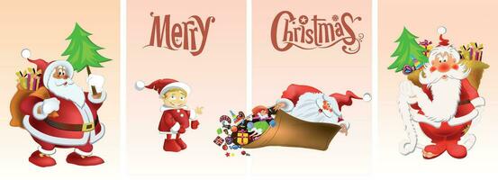 Cute cartoon 3d Christmas decoration elements isolated on red background. Santa claus, gifts, sack, hat, tree. vector