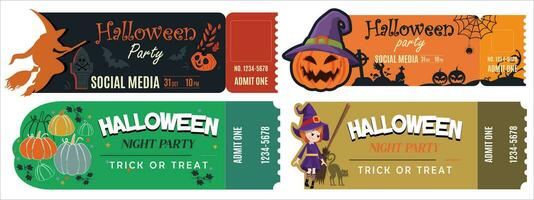 Collection of various Halloween tickets. Halloween night party background with Full moon and pumpkins. vector