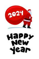 Santa Claus cartoon character coming and carries large heavy gifts red bag. Christmas and Happy New year 2024 holiday greeting card. Vector eps celebration poster illustration