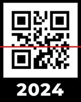 Real QR code 2024 numbers with red scan line. Happy New Year with covid vaccination barcode concept design template. Vector eps illustration for banner, poster, greeting card, invitation