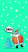 Cute cartoon funny kawaii Santa Claus character for Christmas and Happy New year 2024 celebration. Spruce and winter snow holiday greeting card for blogger story banner. Vector eps illustration