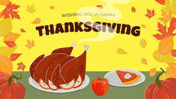 Happy Thanksgiving horizontal banner. Traditional autumn Thanks Giving day celebration greeting card with turkey and pumpkin pie. Seasonal fall family festival print. Drawing art vector eps design
