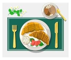 taza café y plato de croissants y fresas con crema. plano vector ilustración parte superior vista. oro cuchara tenedor