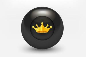 Black ball with golden crown icon. 3d vector illustration