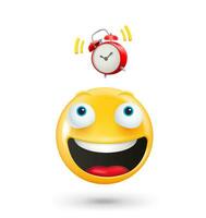 Yellow cute emoji face with alarm clock. 3d vector illustration