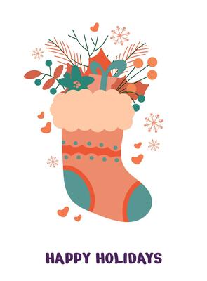 Happy new year and Merry Christmas greeting card with sock and decor, twigs, snowflakes, gift boxes, leaves, cinnamon.