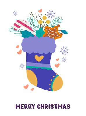 Happy new year and Merry Christmas greeting card with sock and decor, twigs, snowflakes, gift boxes, leaves, cinnamon.