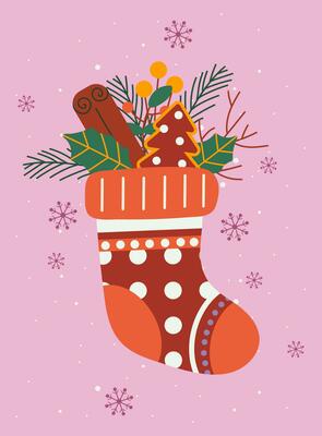 Happy new year and Merry Christmas greeting card with sock and decor, twigs, snowflakes, gift boxes, leaves, cinnamon.