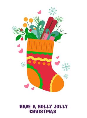 Happy new year and Merry Christmas greeting card with sock and decor, twigs, snowflakes, gift boxes, leaves, cinnamon.