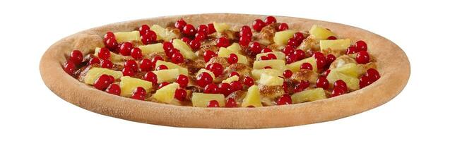 Pizza-shaped open pie with red currants, pineapple, melted mozzarella and condensed milk isolated on white photo
