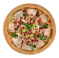 Top view of pizza in rustic style with chicken, hunting sausages, bacon, pickles, mushrooms, onions and greens photo