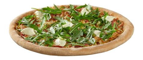 Pizza with ham under melted mozzarella, cream cheese with herbs, fresh arugula isolated on white photo