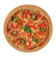 Top view of pizza Margherita with tomatoes, mozzarella cheese and fresh basil isolated on white photo