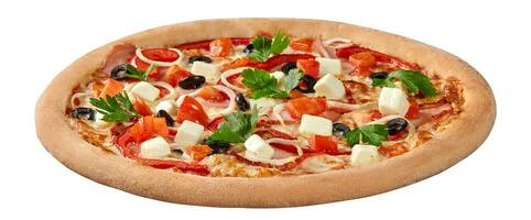 Pizza with creamy cheese sauce, ham, mozzarella, tomatoes, bell peppers, onions, parsley and black olives photo