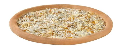 Sweet pizza with condensed milk, banana, peach, coconut shavings and almond flakes photo