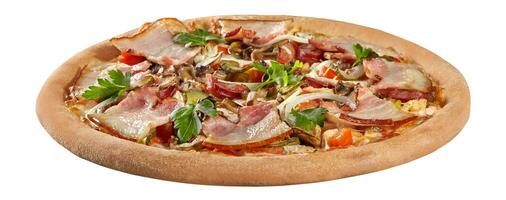 Country style pizza with chicken, bacon, hunting sausages, pickled cucumbers, mushrooms, onions, tomatoes and greens photo