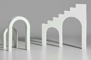 blanco arcos y escalera con arqueado aberturas en gris antecedentes foto