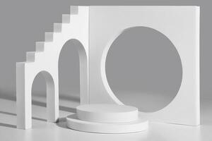 Empty podium and geometrical figures with steps, arched and round openings on gray photo