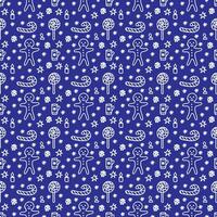 Christmas pattern in doodle style. White line on a dark blue background. Vector illustration.