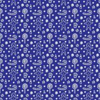 Christmas pattern in doodle style. White line on a dark blue background. Vector illustration.