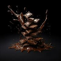 Chocolate falling down on black background studio shot. AI Generated. photo