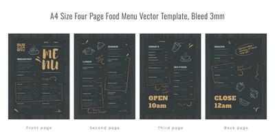 A4 size four page food menu template, bleed 3mm vector