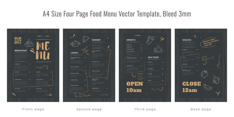 A4 size four page food menu template, bleed 3mm