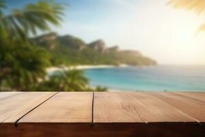 wooden podium or table. in the background there is a heavenly place. sea and palm trees blurred in the distance photo
