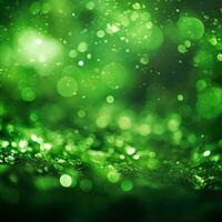 verde eco Brillantina bokeh antecedentes. fondo de brillante borroso partículas foto