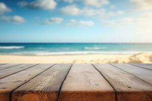 wooden podium or table. in the background there is a heavenly place. sea and palm trees blurred in the distance photo