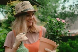 Container gardening. Woman gardener watering potted roses using spray bottle. photo