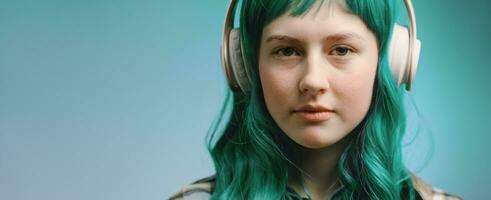 Gen Z beautiful young woman portrait. Teenager with green hair listens music in headphones, banner. photo