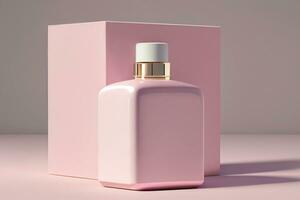 Blank pink perfume bottle mockup. AI generative illustration. photo