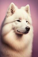 White samoyed dog portrait on pink studio background. Photorealistic dog, AI generative illustration. photo