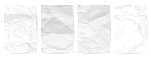 White clean crumpled paper background. Set of four vertical crumpled empty paper templates for posters and banners. Vector illustration