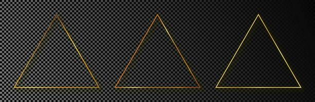 Set of three gold glowing triangle frames isolated on dark background. Shiny frame with glowing effects. Vector illustration.